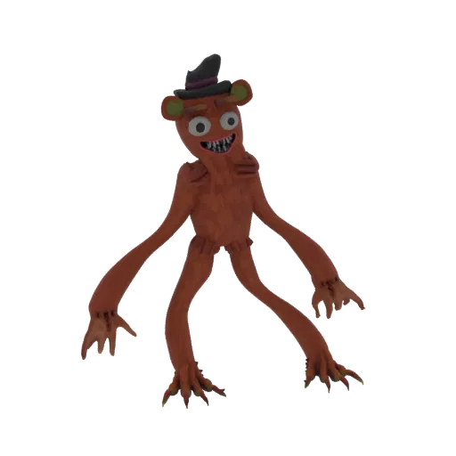 A 3D render of a brown claymation-style monster with a wide grin, sharp teeth, and a black hat, standing on a white backgroun