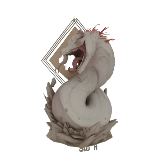 3D model of a roaring white dragon serpent with mouth open, red accents, and coiled on a rocky base.