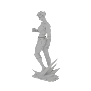 Modelo 3D de luchador estilo anime en pose dinámica, con puños cerrados y vendas, sobre una base de púas afiladas.