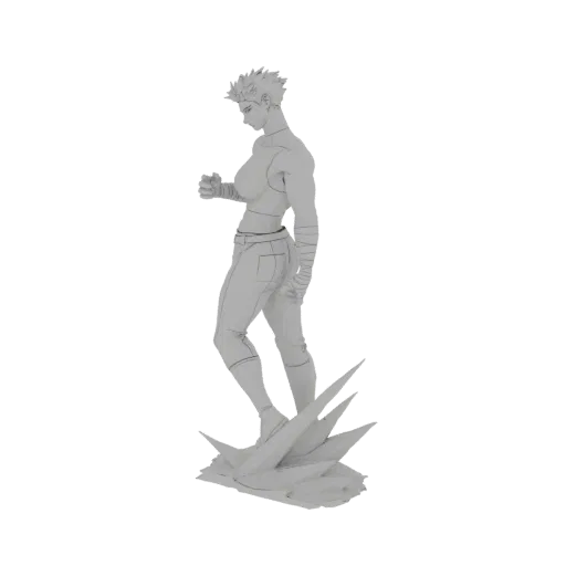 3D model of an anime-style fighter in a dynamic pose, with clenched fists and bandages, standing on a base of sharp spikes.