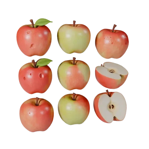 Market Apple Stylized 3D model, stylized isometric render, showing skin pores, recognizable fruit forms.