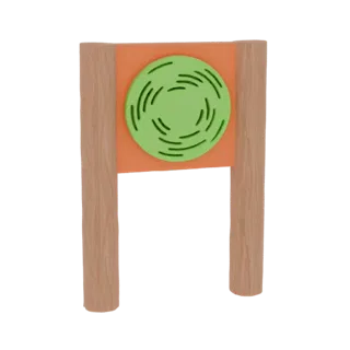 Render 3D de una diana de parque infantil con marco de madera y un disco circular verde con patrón en espiral.