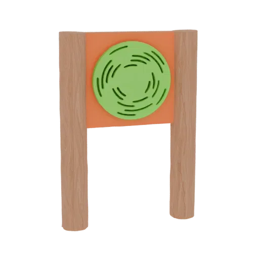 3D render of a playground target with a wooden frame and a green circular disc featuring a swirling pattern.