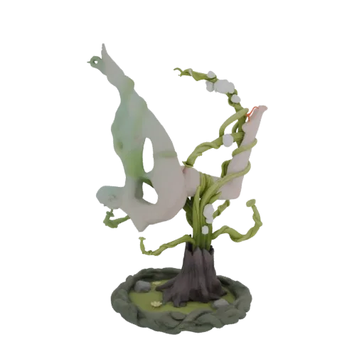 3D model of a small, enchanted tree with twisting vines and a translucent, ethereal bloom, set on a mossy base with stones an