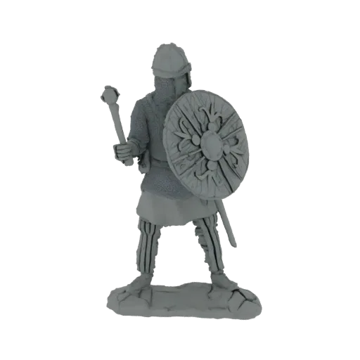 3D model of a medieval warrior holding a mace and shield, wearing chainmail armor and a helmet, standing on a textured base.