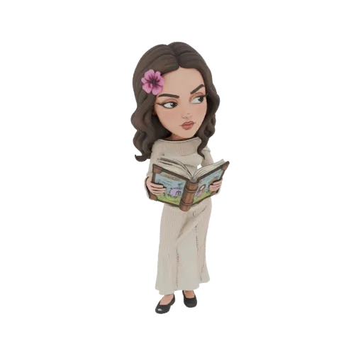 3D model of a stylized cartoon woman with brown hair and a pink flower, wearing a cream knitted dress, reading an open book.