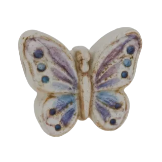 3D model of a ceramic-style butterfly figurine with purple and blue painted details on its wings, set against a white backgro