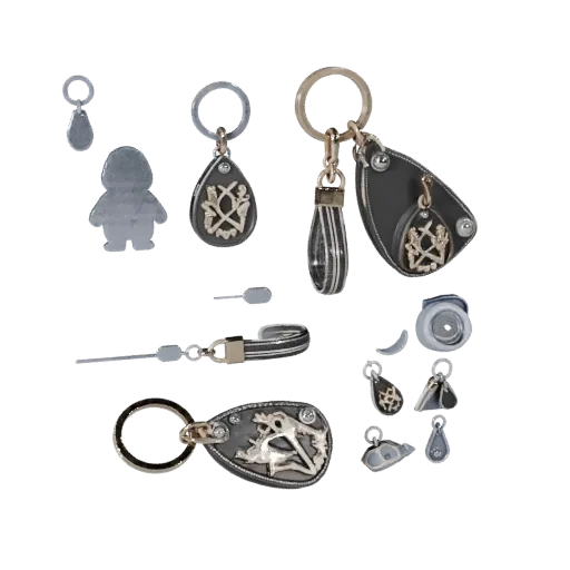 Modelo 3D de Llavero de Lujo, vista frontal a tres cuartos, render de estudio para visor de RA, mostrando metal, silueta pequeña vestible.