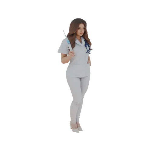 3D model of a female nurse in a white uniform holding a large syringe, with a stethoscope around her neck.