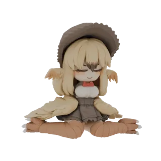 Ein 3D-Render einer niedlichen Chibi-Vogel-Kreatur-Figur mit Hut und Fliege, sitzend mit gespreizten Flügeln und Beinen.