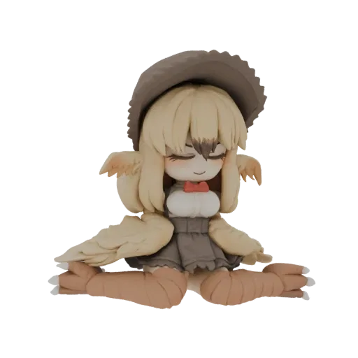 Ein 3D-Render einer niedlichen Chibi-Vogel-Kreatur-Figur mit Hut und Fliege, sitzend mit gespreizten Flügeln und Beinen.