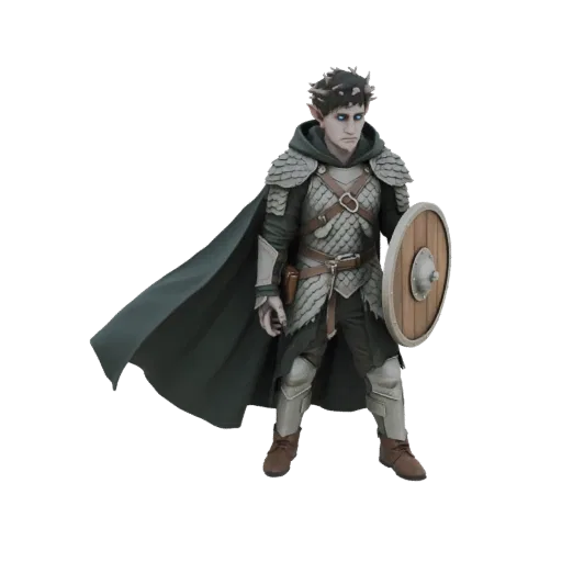 3D model of a fantasy elf ranger with pointed ears, wearing scale armor, a green hooded cape, and holding a round wooden shield.