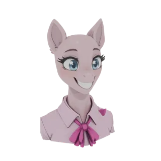 3D-Modell eines pinken Anthro-Ponys mit großen blauen Augen, das ein pinkes Hemd und eine Fliege trägt und lächelt.