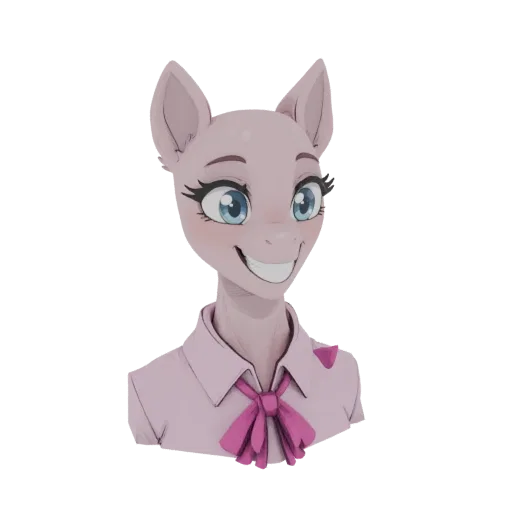 Modello 3D di un pony antro rosa con grandi occhi blu, che indossa una camicia e un papillon rosa, sorridendo.
