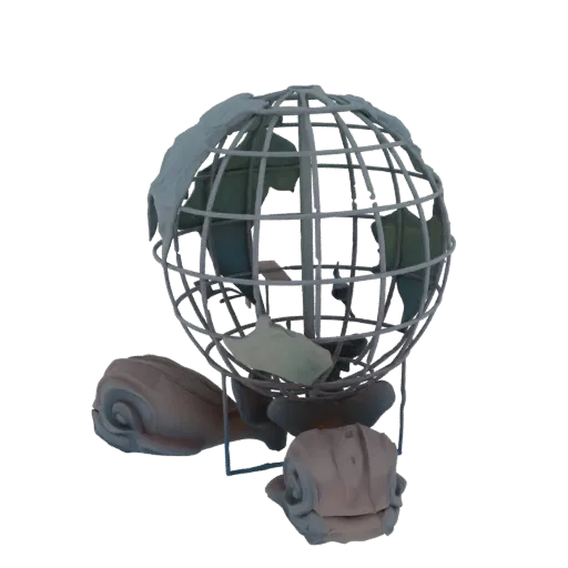 3D model of a deconstructed globe sculpture with a wireframe sphere, fragmented continents, and a stylized base.