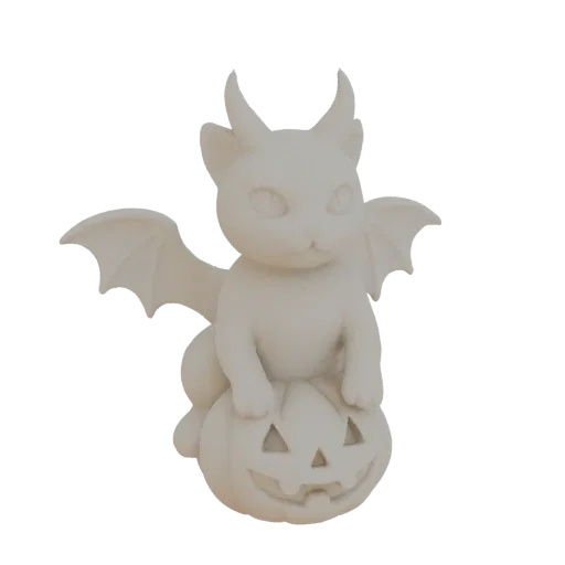 3D model of a white bat cat with horns sitting on a carved jack-o'-lantern pumpkin, against a black background.