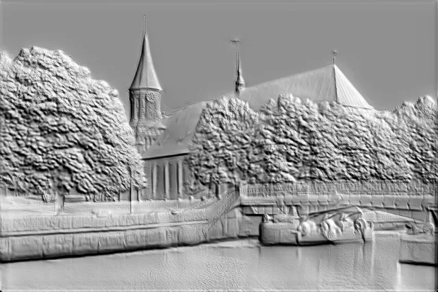 3D bas-relief of a cathedral with a river, trees, and a bridge, rendered in gray with high texture detail.