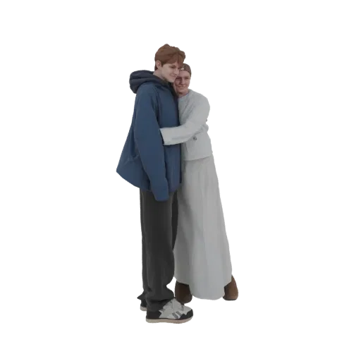 3D model of a young man in a blue hoodie hugging a woman in a light dress, both smiling.