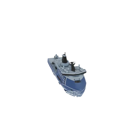 3D model of a blue cruise ship with white decks and a black funnel, viewed from a slightly elevated angle.