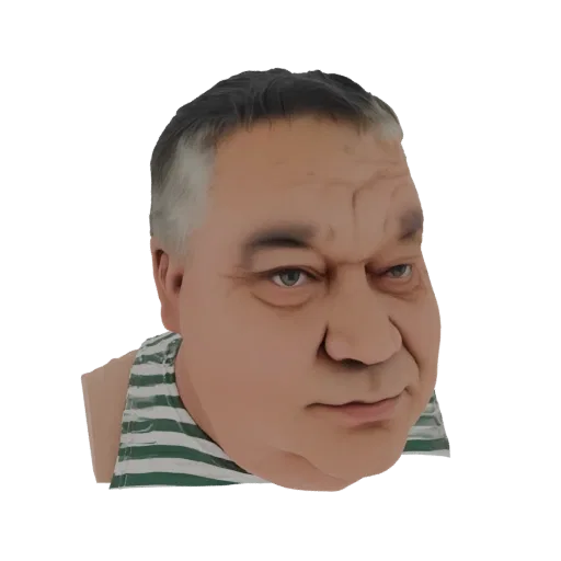 3D model render of an elderly man's head and shoulders, wearing a green and white striped shirt, with realistic skin texture