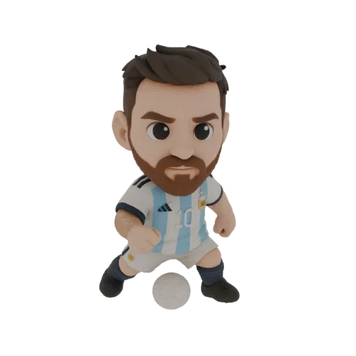 3D model of a chibi-style Lionel Messi in an Argentina soccer jersey, dribbling a ball.