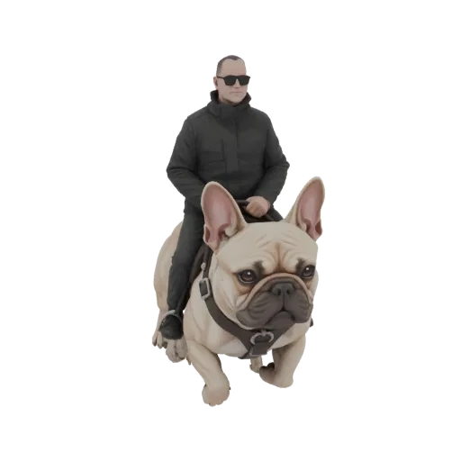 3D model of a man in a black jacket riding a French Bulldog, viewed from the front.