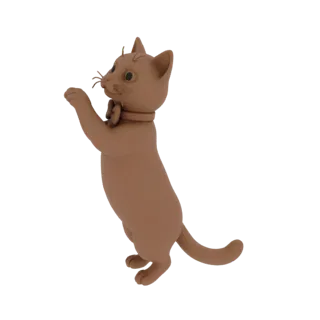 3D model of a cute brown cat standing on its hind legs, wearing a bowtie, with a white background.