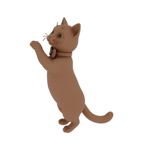3D-Modell einer niedlichen braunen Katze auf Hinterbeinen stehend, mit Fliege, vor weißem Hintergrund.
