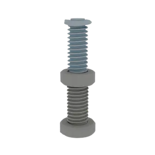 3D model bolt with nut and washers, blue bolt head, grey nut and washers, on white background