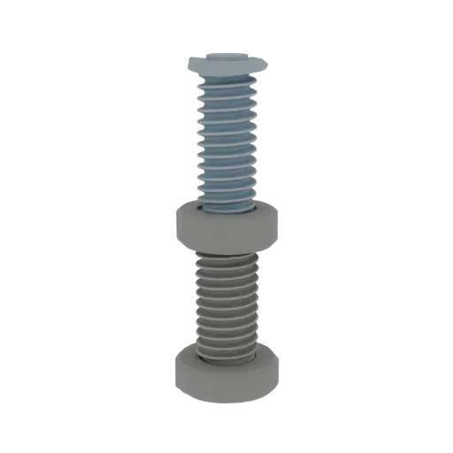 3D model bolt with nut and washers, blue bolt head, grey nut and washers, on white background