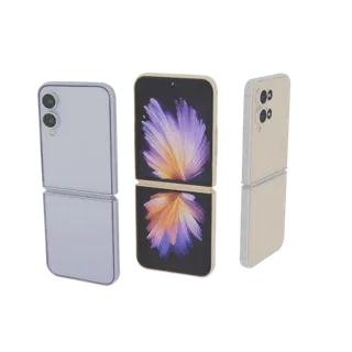 3D model of Samsung Z Flip smartphone, shown from different angles, with screen open and closed.