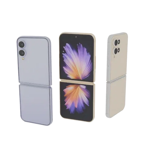 3D model of Samsung Z Flip smartphone, shown from different angles, with screen open and closed.