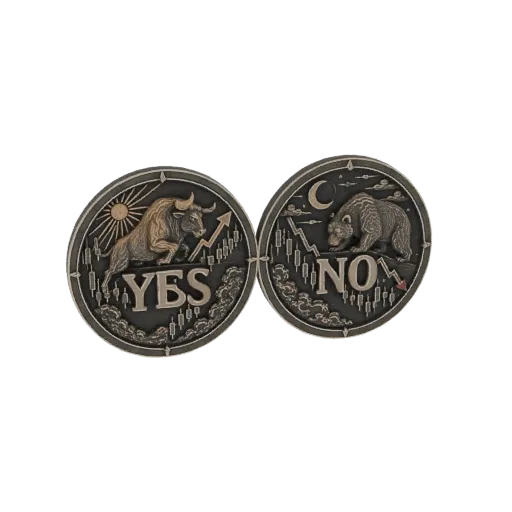 3D model of two antique-style coins, one with a bull and 'YES', the other with a bear and 'NO', featuring stock market charts