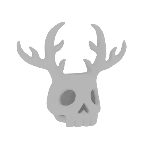 Uma renderização 3D de um crânio cinza com galhadas grandes e ramificadas, apresentado sobre um fundo branco.