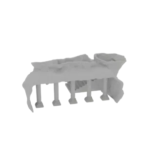 Modello 3D di rovine di tempio antico con colonne in pietra consumata, una grande scalinata e un tetto parzialmente crollato,