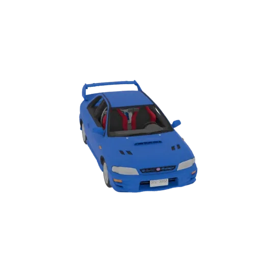 3D model of a blue Subaru Impreza WRX STI 22B with a prominent rear spoiler and red interior, set against a black background.