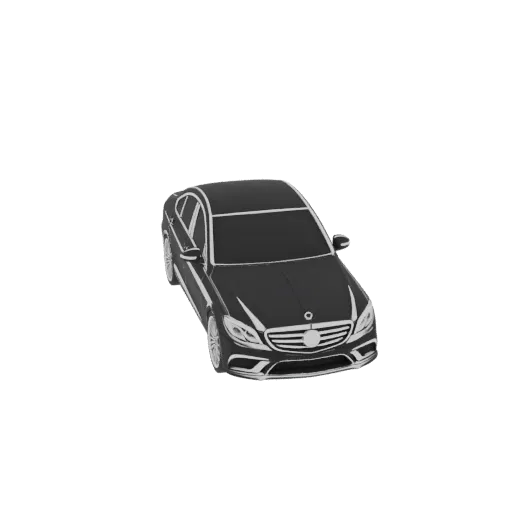 A 3D model render of a sleek, black luxury sedan viewed from a three-quarter front angle against a white background.