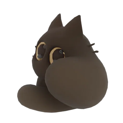 A 3D render of a cute, chubby brown cat character with large, expressive golden eyes, shown from a side profile.