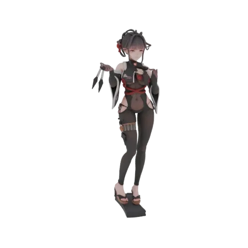 Modelo 3D de una ninja femenina con un atuendo táctico oscuro, sosteniendo dos dagas kunai, con un peinado intrincado.