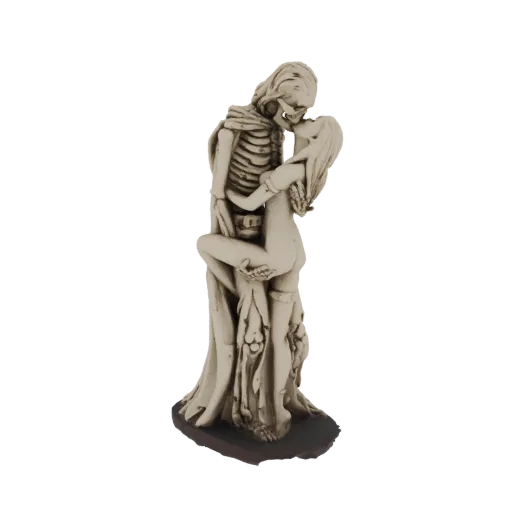 3D model of a male and female skeleton embracing and kissing, with detailed bone structure and a stone-like texture.