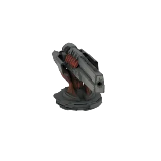 Modèle 3D d'une tourelle sci-fi avec un blindage gris anguleux et un noyau d'énergie rouge lumineux, monté sur une base circu