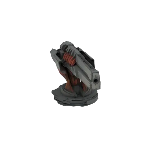 3D model of a sci-fi turret with angular gray plating and a glowing red energy core, mounted on a circular base.