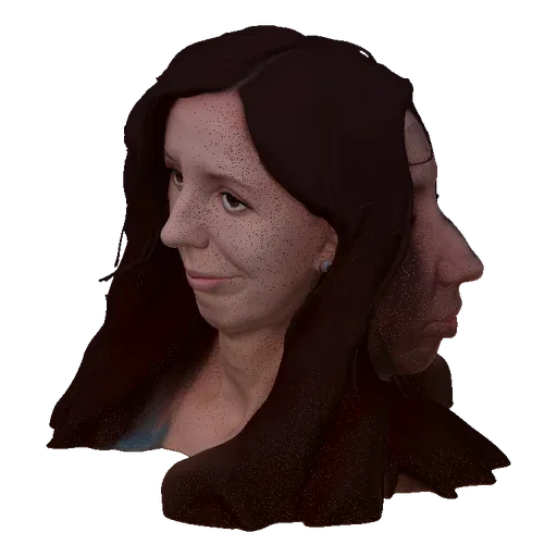 3D model render of a woman with long, wavy brown hair and a subtle, engaging smile, looking slightly to the side.