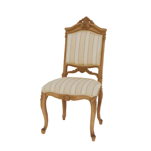 Modèle 3D d'une chaise d'appoint style Louis XV avec cadre en bois sculpté et rembourrage en tissu rayé, présenté sur fond bl