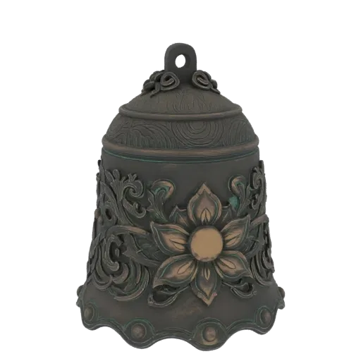 Modelo 3D de una campana ornamentada con intrincados grabados florales y acabado de bronce envejecido, sobre un fondo blanco.