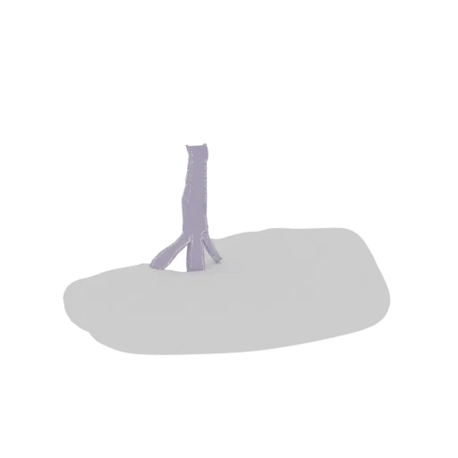 Rendu 3D d'un arbre abstrait avec des branches violettes et une base de sol grise, isolé sur fond blanc.