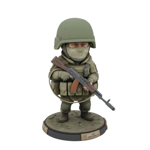 3D model of a Ukrainian soldier in bobblehead style, wearing a green helmet and tactical gear, holding an AK-47.