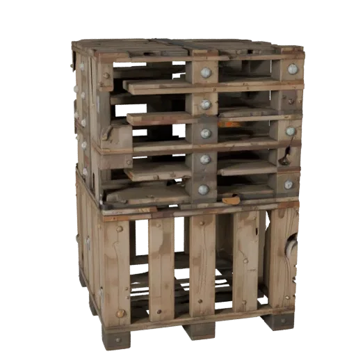 Weathered Wooden Pallet Stylized 3D model, stylized isometric render, showing wood planks, stackable massing.