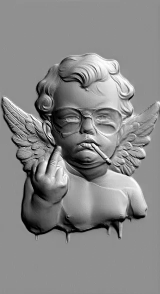 3D model of angel bas-relief in sunglasses, smoking a cigarette, giving middle finger, with drips at the bottom.