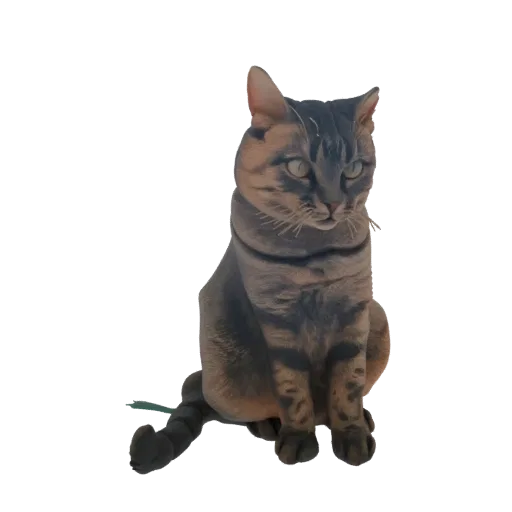 Modelo 3D de um gato malhado sentado, olhando para o lado com fio verde perto da cauda.